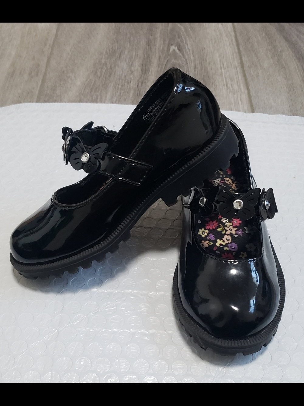 Self Esteem Black Patent Mary Jane Shoes with Butterfly Accent